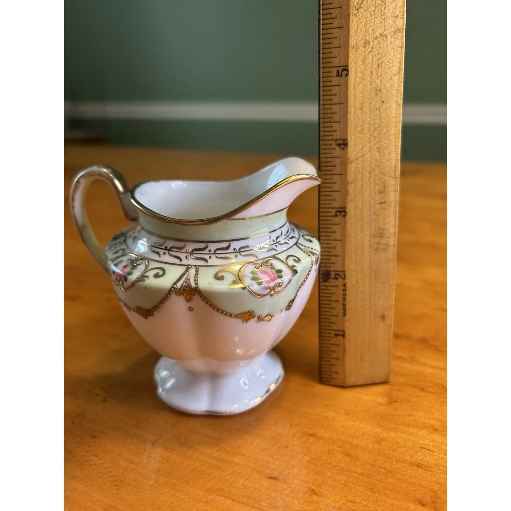 Cottagecore Hand Painted Porcelain Mini Creamer Floral Gold‎ Moriage Pink Green